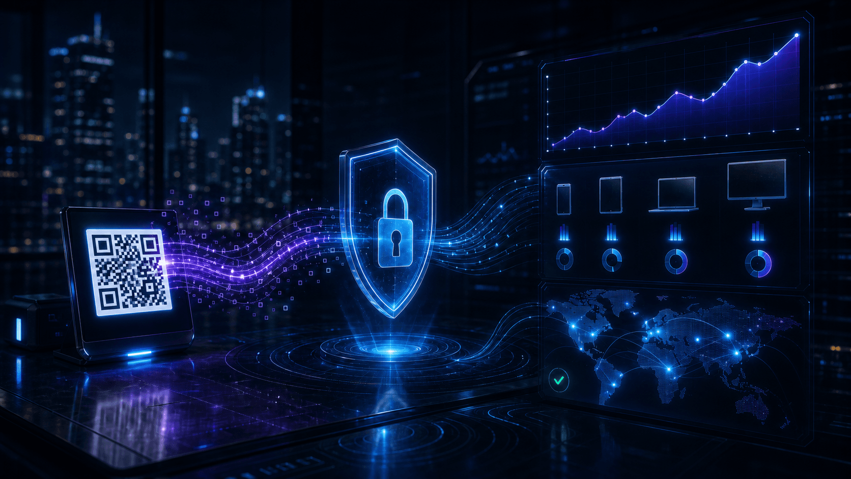 QR scan signals pass through a privacy shield before becoming aggregate trends, device breakdowns, and country-level insights.