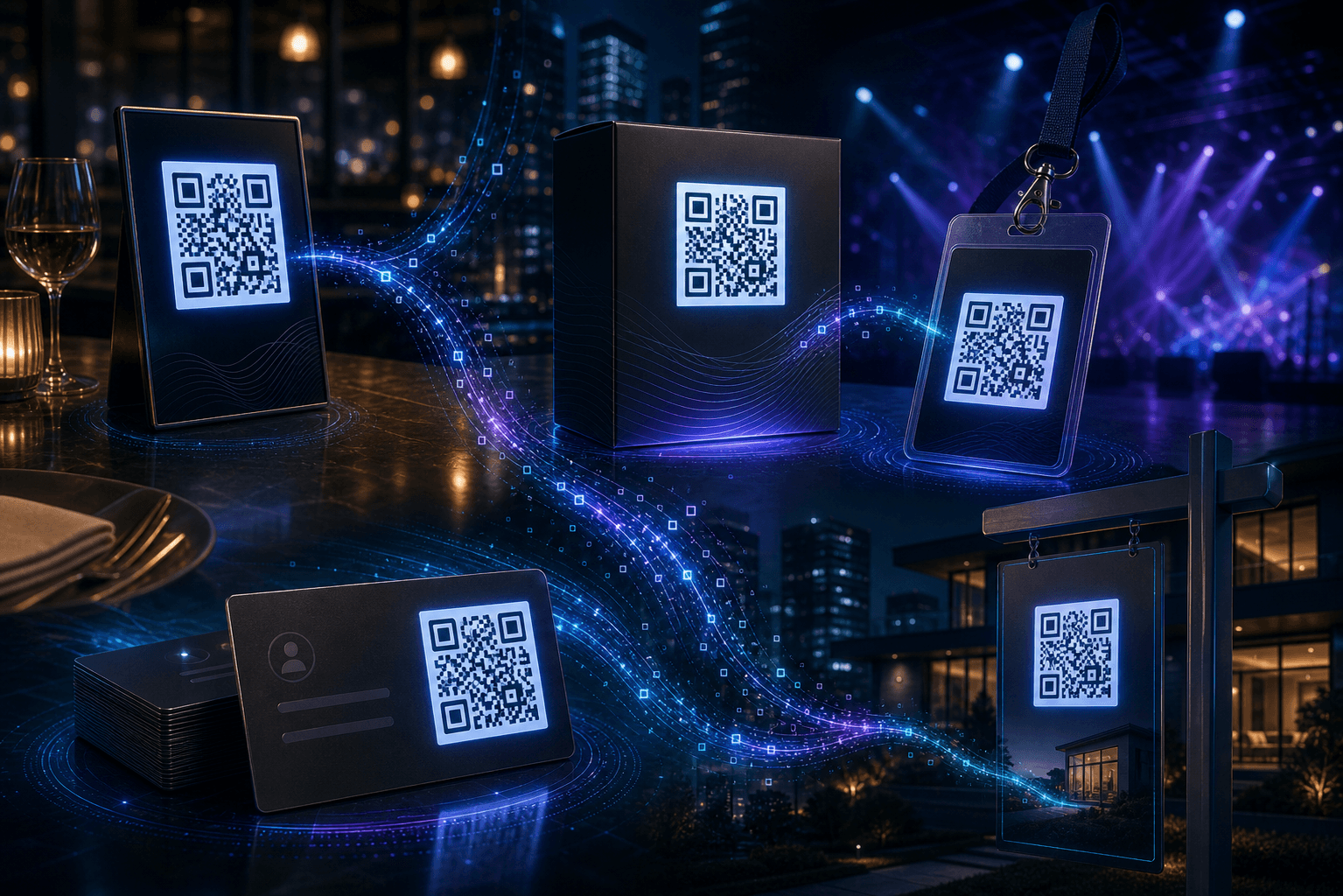 Dynamic QR codes connect restaurant menus, product packaging, event credentials, professional cards, and real-estate signs.
